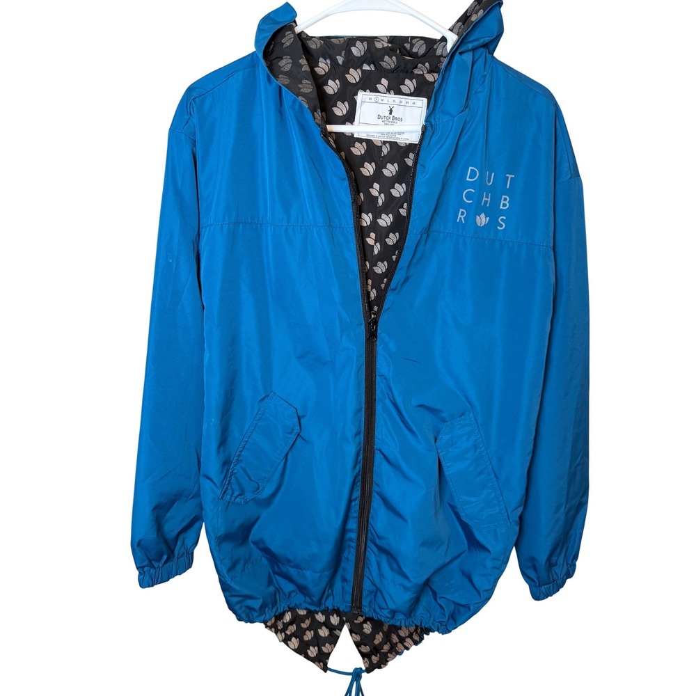 Dutch Bros Coffee Blue Windbreaker Rain Jacket Hooded Fishtail Hem Mens Small‎ S